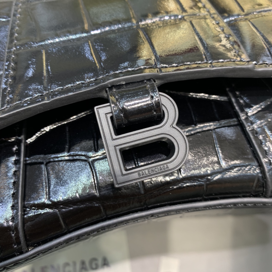 Balenciaga Hourglass Mini Handbag Crocodile Embossed Shoulder Bag Black 